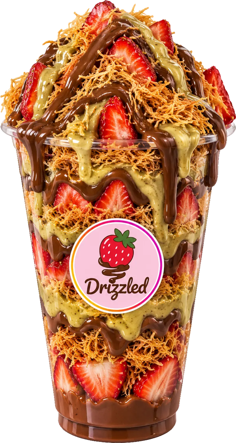 Dubai Strawberry Cup layered with strawberries, pistachio cream, chocolate and kunafa